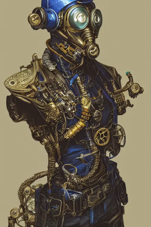 Image similar to Portrait of a steampunk sci-fi cyborg ninja male , third person, D&D, sci-fi fantasy, intricate, blue and gold, highly detailed , art by Range Murata, highly detailed, 3d, octane render, bright colors, digital painting, trending on artstation, sharp focus, illustration style of Stanley Artgerm,