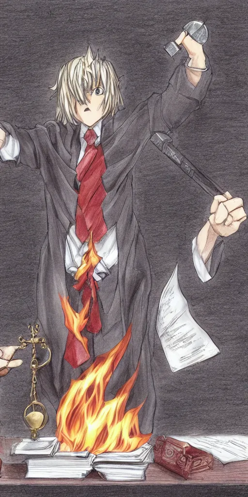 Image similar to powerful anime judge with a magic gavel on fire, in a court room with a justice scale on his desk, drawn by a famous anime artist, high quality, fine lines, amazing detail. colored