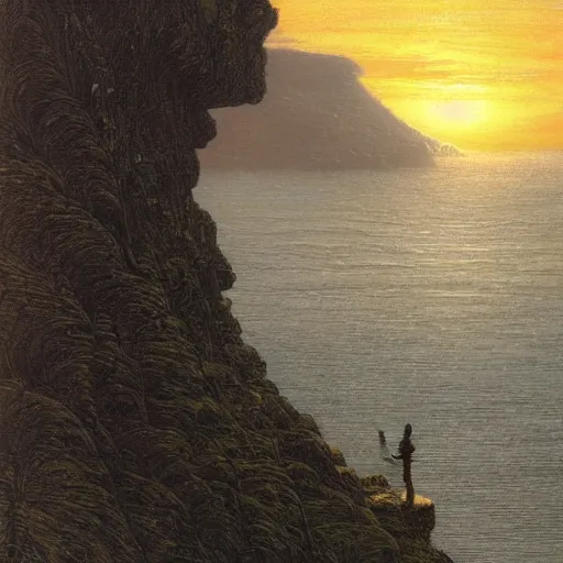 Prompt: a samurai looking into the horizon on a cliff, golden hour, dramatic lighting, fluid, smooth, bright, colours, high contrast, sharpness, very detailed, intricate, by donato giancola, gustave dore and junji ito