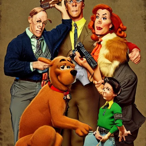 Image similar to Scooby Doo holding a gun, by norman rockwell, no text, trending on artstation, highly detailed, 8k, beautiful, dynamic lighting, realistic fur