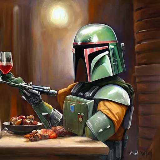 Prompt: Boba Fett discovers a wine cellar full of food and schnapps, painting by Vladimir Volegov