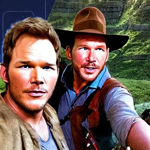 Prompt: chris pratt as indiana jones, selfie with older harrison ford, high detailed, symmetrical