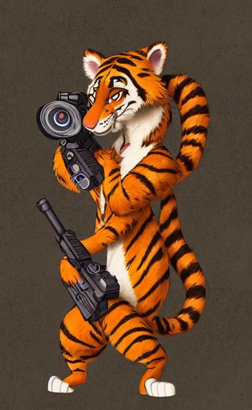 Image similar to “portrait of tiger in the style of the movie zootopia holding a laser gun, with a dark background behind him”