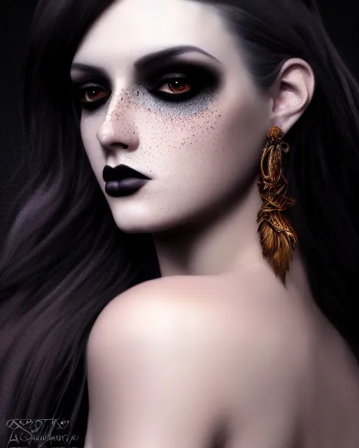 Prompt: beautiful digital painting of a stylish goth socialite forest with high detail, real life skin, freckles, 8 k, stunning detail, works by artgerm, greg rutkowski and alphonse mucha, unreal engine 5, 4 k uhd