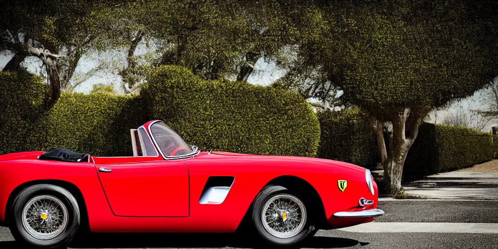 Image similar to photograph, 1958 FERRARI 250 GT, roadster, by Peter Singhof, press release, cinematic, PCH, 8k, depth of field, bokeh. rule of thirds