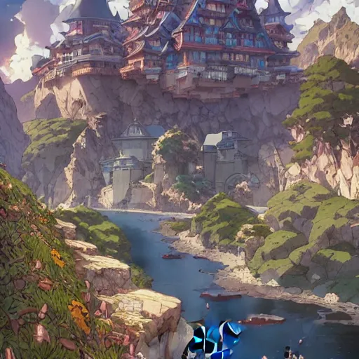 Image similar to steve - o, anime, castle core, mountains, rocky roads. by hayao miyazaki and rossdraws and artgerm and greg rutkowski and alphonse mucha and studio ghibli and ilya kuvshinov. high quality, stunning, intricate detailed environment. 8 k