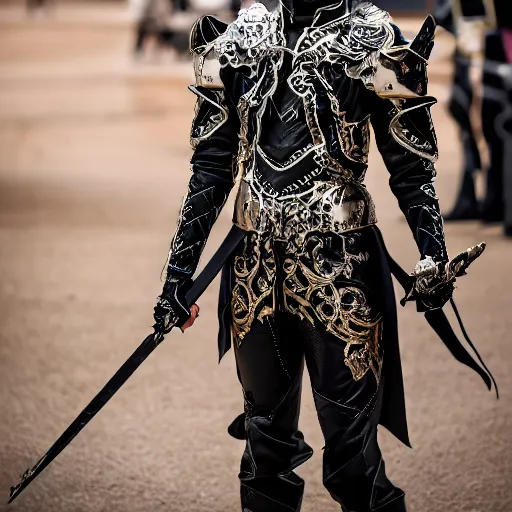 Prompt: Austin Butler dressed in futuristic-baroque duelist-garb and battle armor, standing in an arena, XF IQ4, f/1.4, ISO 200, 1/160s, 8K, RAW, unedited, symmetrical balance, in-frame