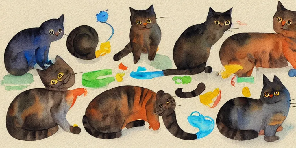 Image similar to group of funny cats select a different type of project before start design production, watercolor illustration