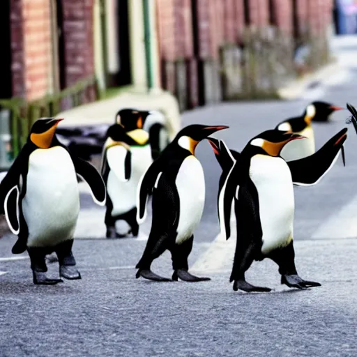 Prompt: penguins carrying school bags on the street,photorealistic