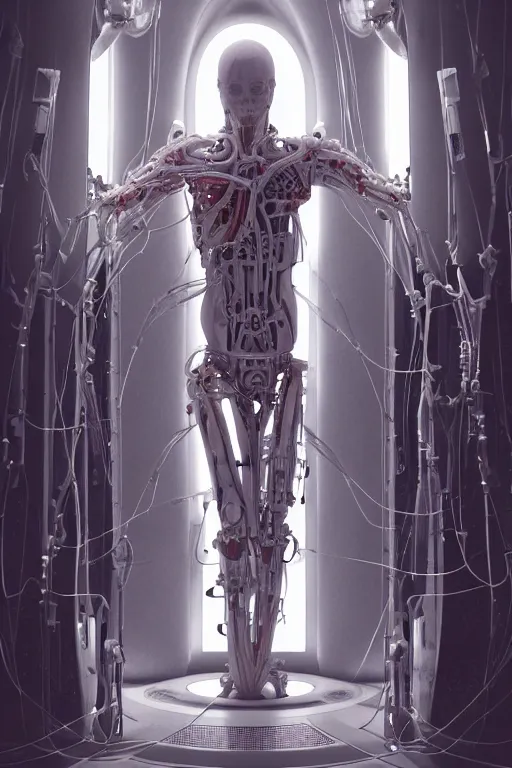 Prompt: white space station interior, white cross, a statue jesus on cross made of red marble, perfect symmetrical body, full body shot, inflateble shapes, wires, tubes, veins, jellyfish, white biomechanical details, wearing epic bionic cyborg implants, masterpiece, intricate, biopunk, vogue, highly detailed, artstation, concept art, cyberpunk, octane render