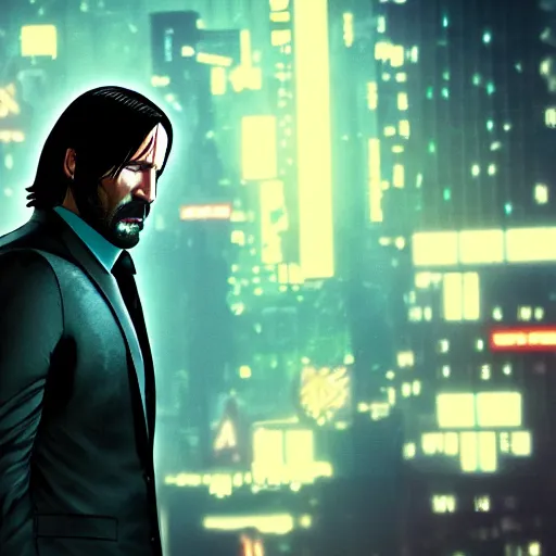 Prompt: john wick in cyberpunk city, night scene, highly detailed