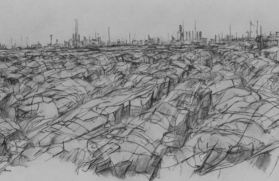 Image similar to milt kahl sketch of world war 1 trenches with the city of miami in the background