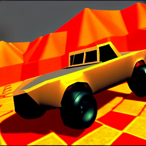 Image similar to mad max racing, nintendo 6 4 screenshot, low poly, aliased