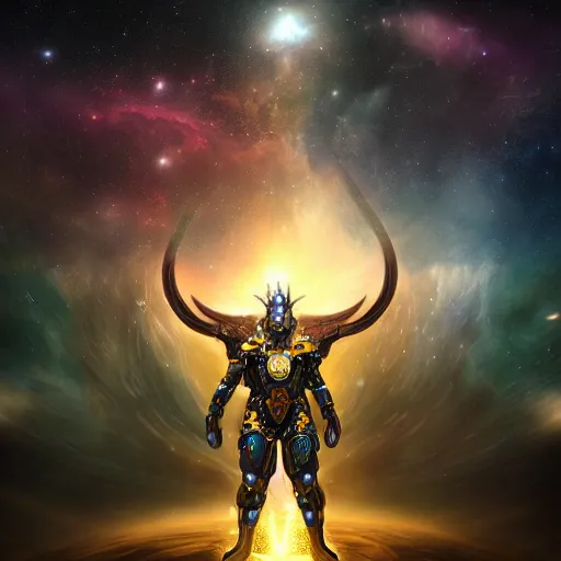 Image similar to photorealistic fantasy cosmic concept art of a cosmic god with armor made out of planets and dark matter, hovering in a unknown galaxy, fully body portrait, cinematic, dynamic lighting, ultra detailed, creative, trending on art station, stunning visuals, creative