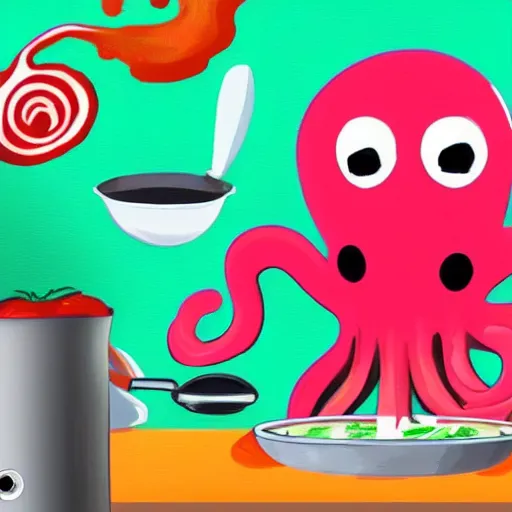 Image similar to anthropomorphic octopus chef cooking a delicious colorful soup, digital painting, youtube video thumbnail