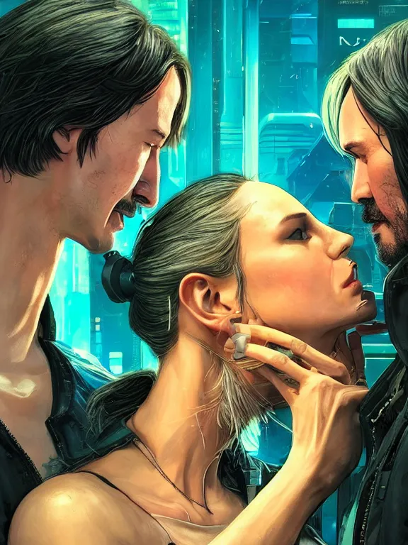 Image similar to a cyberpunk 2077 couple portrait of Keanu Reeves&female android in final kiss,love,film lighting,by Laurie Greasley,Lawrence Alma-Tadema,Dan Mumford,artstation,deviantart,FAN ART,full of color,Digital painting,face enhance,highly detailed,8K,octane,golden ratio,cinematic lighting