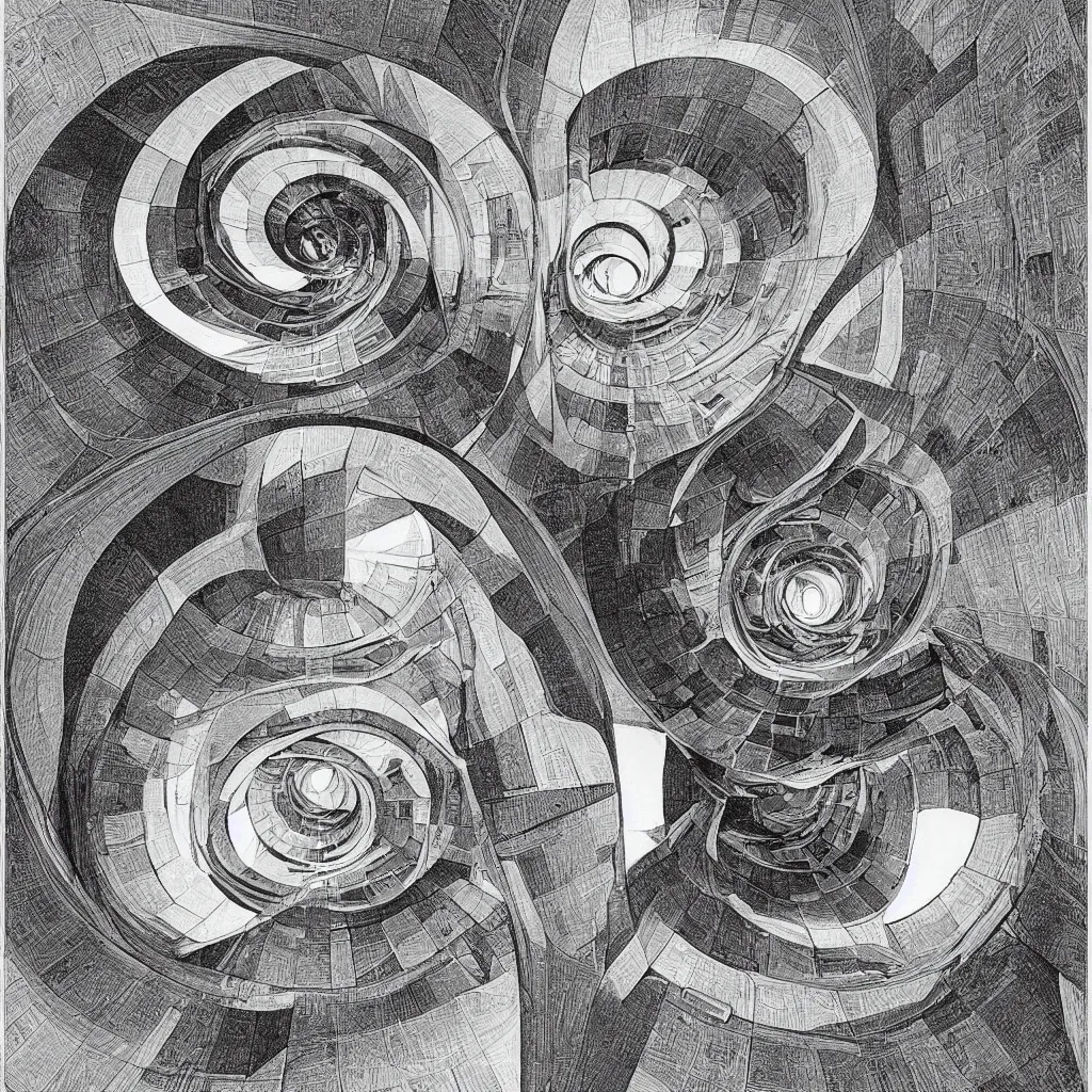 Image similar to detailed torus shaped house, illustrated by m. c. escher