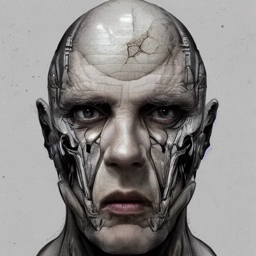 Image similar to surreal portrait of a man by Greg Rutkowski and H.R Giger, cyborg of indeterminate age, symmetrical, bald, haunting appearance, pale as marble, biomechanical and intricate, empty and uncany expression, cosmic void background, frightening, fascinating, highly detailed portrait, digital painting, artstation, concept art, smooth, sharp foccus ilustration, Artstation HQ.