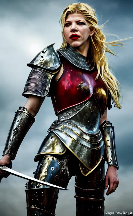 Prompt: katheryn winnick in a knight armor, full plate, fantasy art, realistic drawing, digital, detailed, red lipstick, leather, blood stains, blood dripping, blade, hair in the wind, shiny metal armor, gold, victorious on a hill, battlefield, blue sky, sunshine, lens flare, hard light, full body, sword pointed at sky, severed head