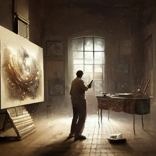 Prompt: an artist in his workshop creating a strange new form of matter, vivid caustics, realistic photography, beautiful interior, hyperrealism, incredible, award - winning photography, by greg rutkowski, lovecraftian