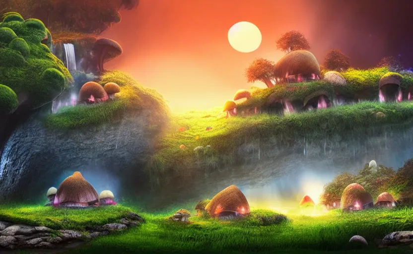 Image similar to a beautiful and stunning professional digital artwork of a humongous mushroom cave, mushroom houses, haze, waterfall, volumetric lighting, hyperrealistic, sunset, rtx on, ultra detail