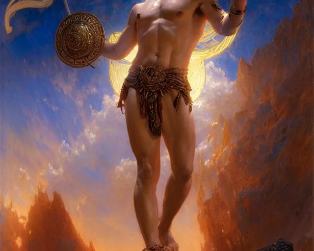 Image similar to attractive heroic male deity, casts magic, summoning handsome heroic lucifer morning star. highly detailed painting by gaston bussiere, craig mullins, j. c. leyendecker 8 k