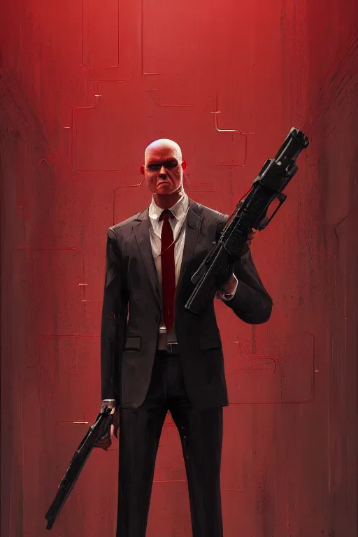 Image similar to an intricate and expressive portrait of agent 4 7 from hitman choosing a weapon from a wall full of guns, dark background, red rim light, highly detailed, digital art, artstation, concept art by giger stalenhag