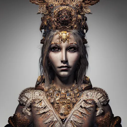 Prompt: a portrait of beautiful goddess, ornated, haunting, headpiece, highly detailed, intricate deaign, organic, hyperrealism, photorealistic, render in octane, unreal engine, 4 k