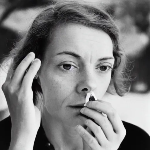 Prompt: a french woman holding a cigarette between her fingers, 1974, 35mm film, portrait