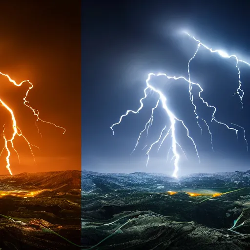 Prompt: two spinning tops clashing atop a mountain, sparks, lightning storm, dramatic lighting, digital art, 8 k, trending on artstation,