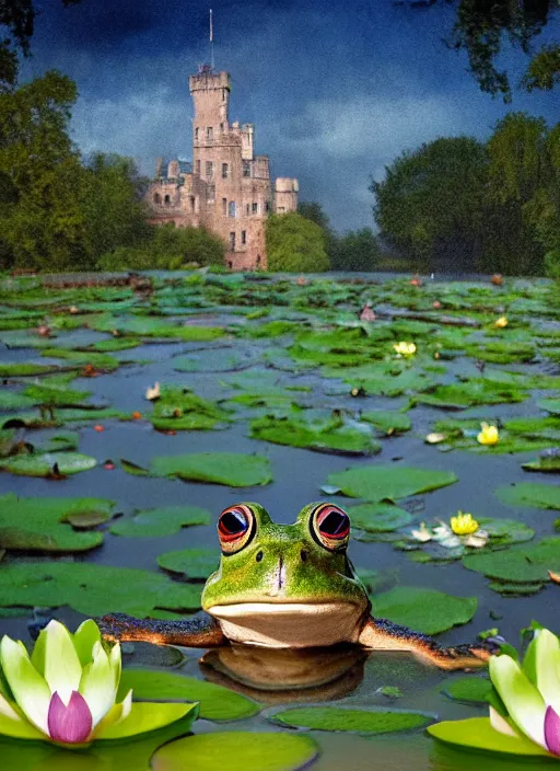 Image similar to close - up of a smiling frog in the pond with water lilies, medieval castle on background, shallow depth of field, highly detailed, autumn, rain, bad weather, ominous, digital art, masterpiece, matte painting, sharp focus, matte painting, by isaac levitan, asher brown durand,