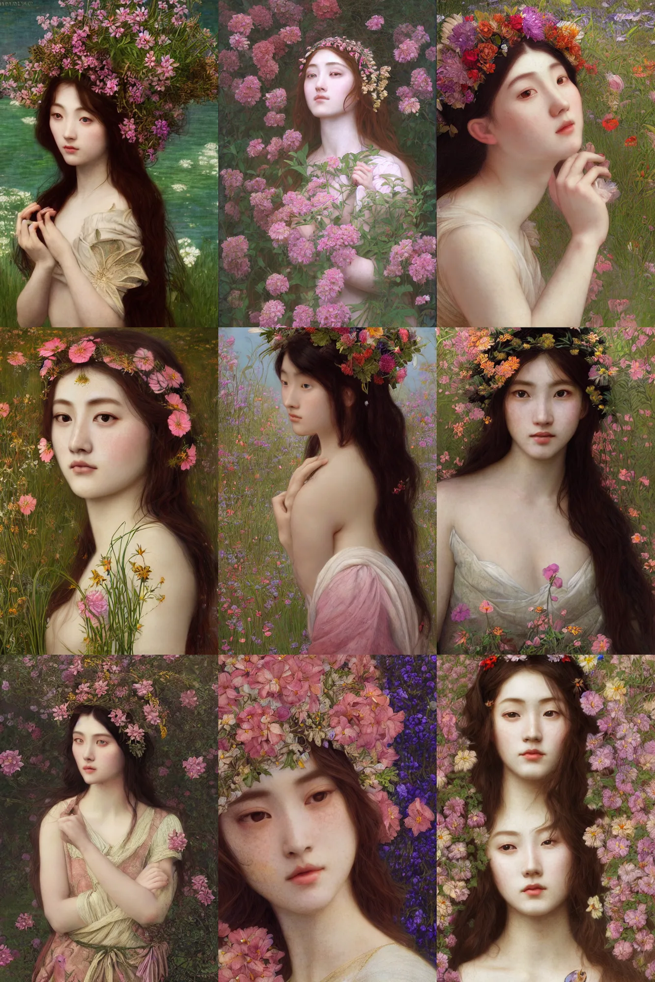 Image similar to Pre-raphaelite painting of a beautiful asian girl with freckles, wearing a flower headpiece, surrounded by big flowers, porcelain skin, cinematic lighting, photo realistic, highly detailed, maya, digital painting, artstation, concept art, sharp focus, illustration, by Mucha