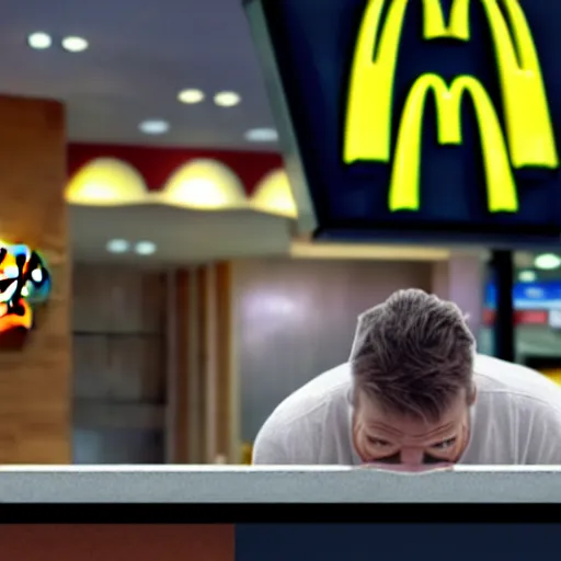 Image similar to photograph of a man with a inverted head begging for food at mc donalds, 8k resolution, high detail, ULTRA REALISTIC VFX, reflections