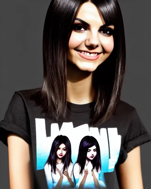 Image similar to full, up close, 1 2 0 mm film portrait of a beautiful victoria justice, in tshirt, stoned, happy, by saruei and guweiz and ilya kuvshinov and rockwell and warhol allover fashion photography, ultra clear and sharp focus, trending on artstation hq, deviantart, pinterest, unreal engine 5, 4 k uhd image