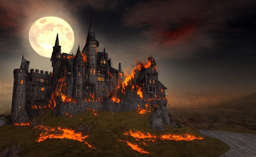 Image similar to a picture of burning!!! gothic! castle in smoke on a hill, village terrified by vampires, chaos, full moon in clouds, visual art, 8 k resolution, 3 d modelling, accent lighting, art station