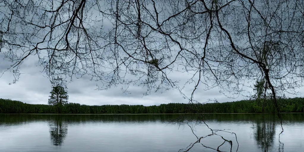 Image similar to centered photograph of a infinitely long rope zig zagging snaking across the surface of the water into the distance, floating submerged rope stretching out towards the center of the lake, a dark lake on a cloudy day, color film, trees in the background, hyper - detailed photo, anamorphic lens