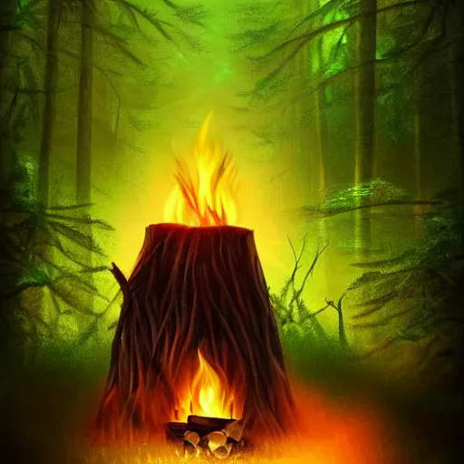 Prompt: a campfire in a forest, there is a black cauldron filled with a magical green glowing liquid hanging above the campfire, night, fantasy, digital art, mysterious, realistic
