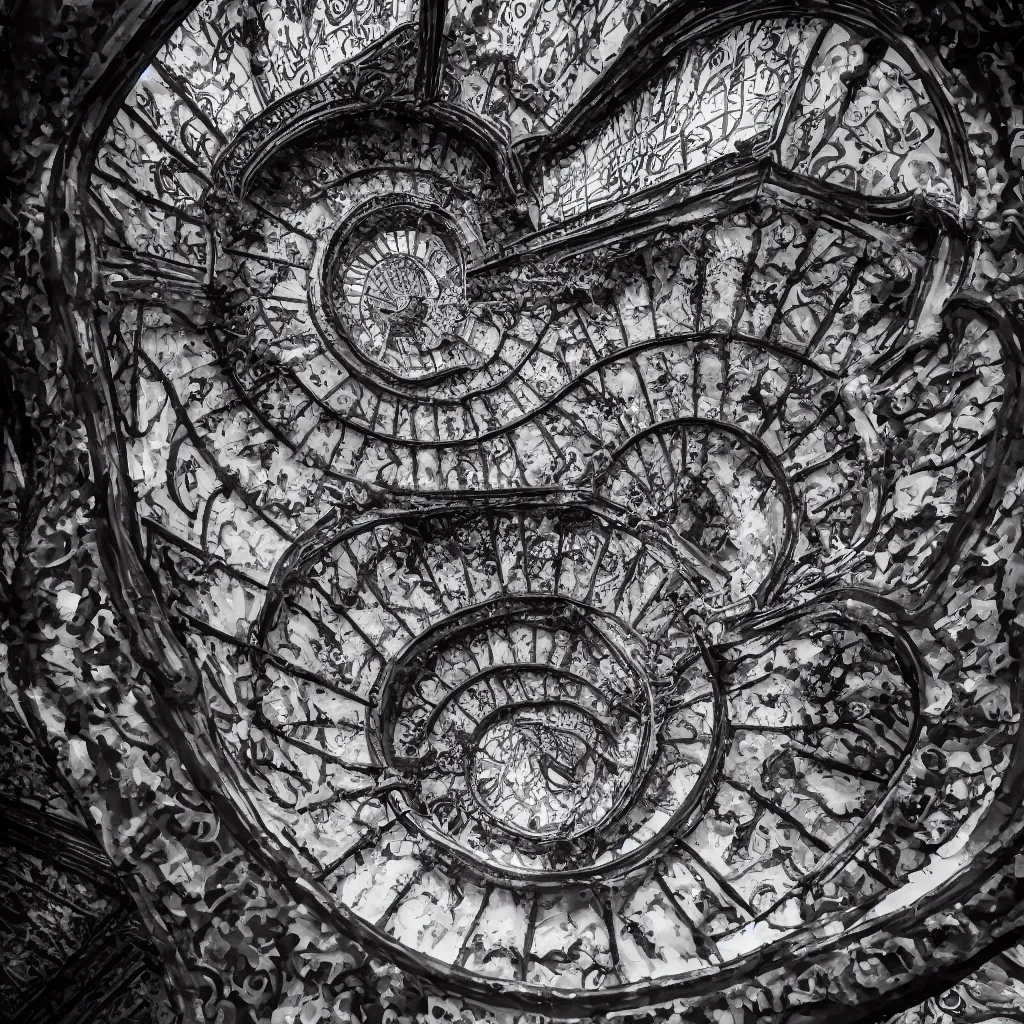 Prompt: , pareidolia. grand spiral stairs going down deep in the dark, with many doors ad ornamented widows, architecture by antoni gaudi, dramatic volumetric, cinematic light, cinematic photography, hyperrealist, high detailed