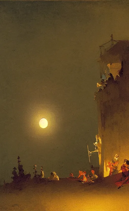 Image similar to meditation on the background of a huge crimson moon, by carl spitzweg