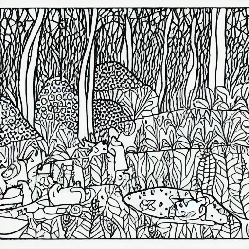Image similar to simplified line drawings of a forest with animals. Scan of a colouring children book.