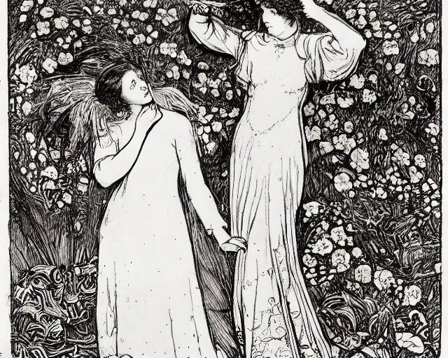 Image similar to ophelia by john everett millais, illustrated in the style of aubrey beardsley, black ink, decadent, floral, intricate line art