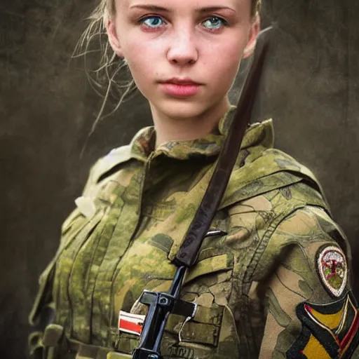 Prompt: beautiful portrait of a young ukrainian female soldier by frank miller