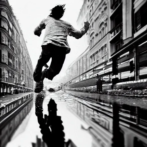 Prompt: a highly detailed epic cinematic black and white painting artwork inspired by Henri Cartier-Bresson's Behind the Gare Saint-Lazare, man jumping over a puddle of water. World Press Photo winner, enhanced and corrected in Photoshop, octane render, excellent composition, cinematic atmosphere, dynamic dramatic cinematic lighting, aesthetic, very inspirational, arthouse