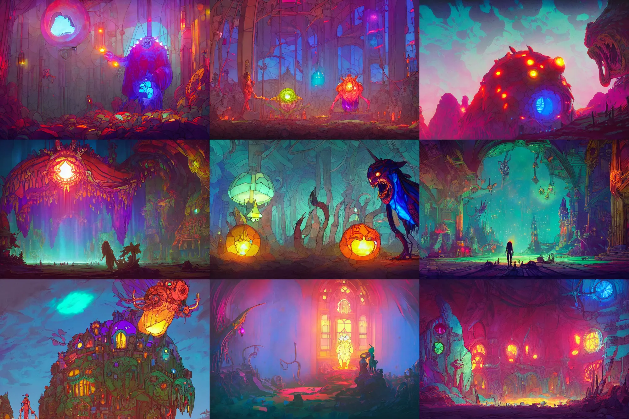 Prompt: stained glass monster, glowing lights, epic fantasy, colorfully, digital art, highly saturated colors, concept art, detailed illustration, hd, 4 k, digital art, greg rutkowski, dan mumford, studio ghibli trending on artstation