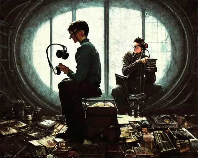 Prompt: a epic norman rockwell painting of harry potter listening to music with headphones on in a dark liminal space room, gritty tech, deep focus, fantasy, intricate, elegant, highly detailed, digital painting, artstation, concept art, matte, sharp focus, illustration, dark fantasy style art, resident evil, art by artgerm and greg rutkowski and alphonse mucha