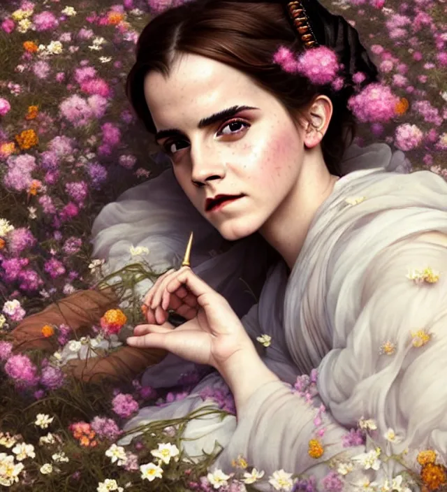 Image similar to emma watson baroque portrait of one steampunk bohemian geisha woman of porceline skin lying down in a river made of thousand of flowers, cinematic lighting, photorealistic, octane render, 8 k, depth of field, art by artgerm and greg rutkowski and alphonse mucha and uang guangjian