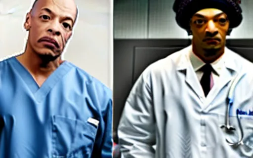 Image similar to Dr. Dre in surgeon scrubs in an emergency room, treating Snoop Dogg and his dog.