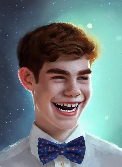 Image similar to portrait of teenage archie andrews, freckles, curly middle part haircut, curly hair, middle part hairstyle, smiling kindly, wearing a bowtie and sweater vest, intricate, elegant, glowing lights, highly detailed, digital painting, artstation, concept art, smooth, sharp focus, illustration, art by wlop, mars ravelo and greg rutkowski