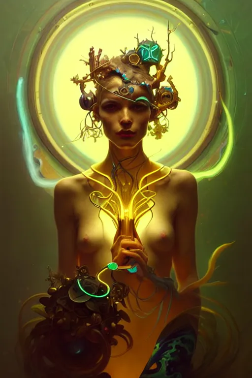 Image similar to portrait, bioluminescent druid, cyberpunk, elegant baroque, asymmetrical art, hyperrealism, colorful, vivid, imposing, epic, abstract texture, gold leaf texture, artstation, concept art, by peter mohrbacher and wlop and rhads and artgerm and magali villeneuve and alphonse mucha