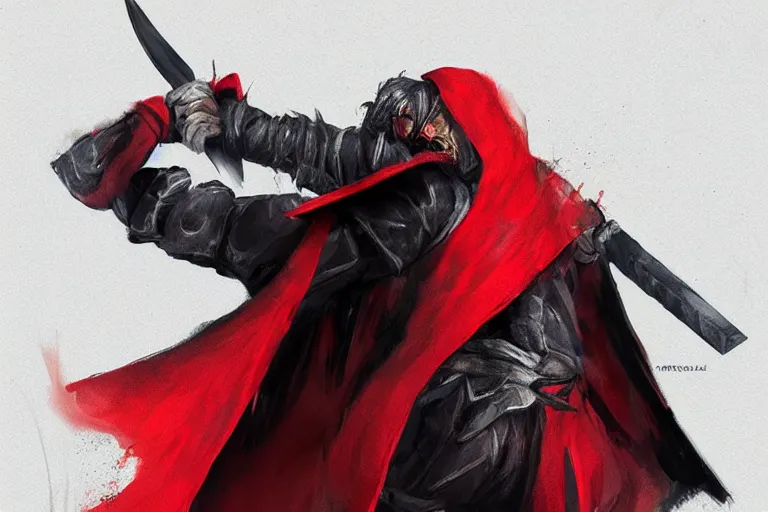 Image similar to a twin blade muscular swordsman, red and black cape and hoodie, scary, intimidating, worn out clothes, torn clothes, concept by Gilles Beloeil